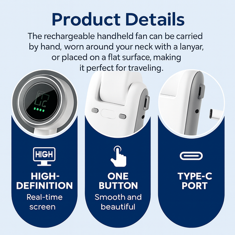 Portable USB Fan – Compact Rechargeable Handheld Cooling Fan with Digital Display by Wave & Hang