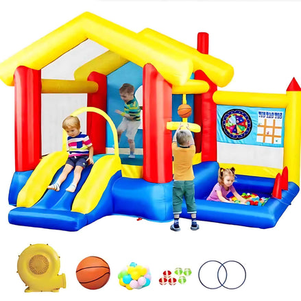 8-in-1 Inflatable Bounce House with Blower – Kids Jumping Castle with Basketball Hoop, Ocean Balls, Ring Toss, Sticky Ball Game & Target | Outdoor Fun Playhouse for Toddlers & Children