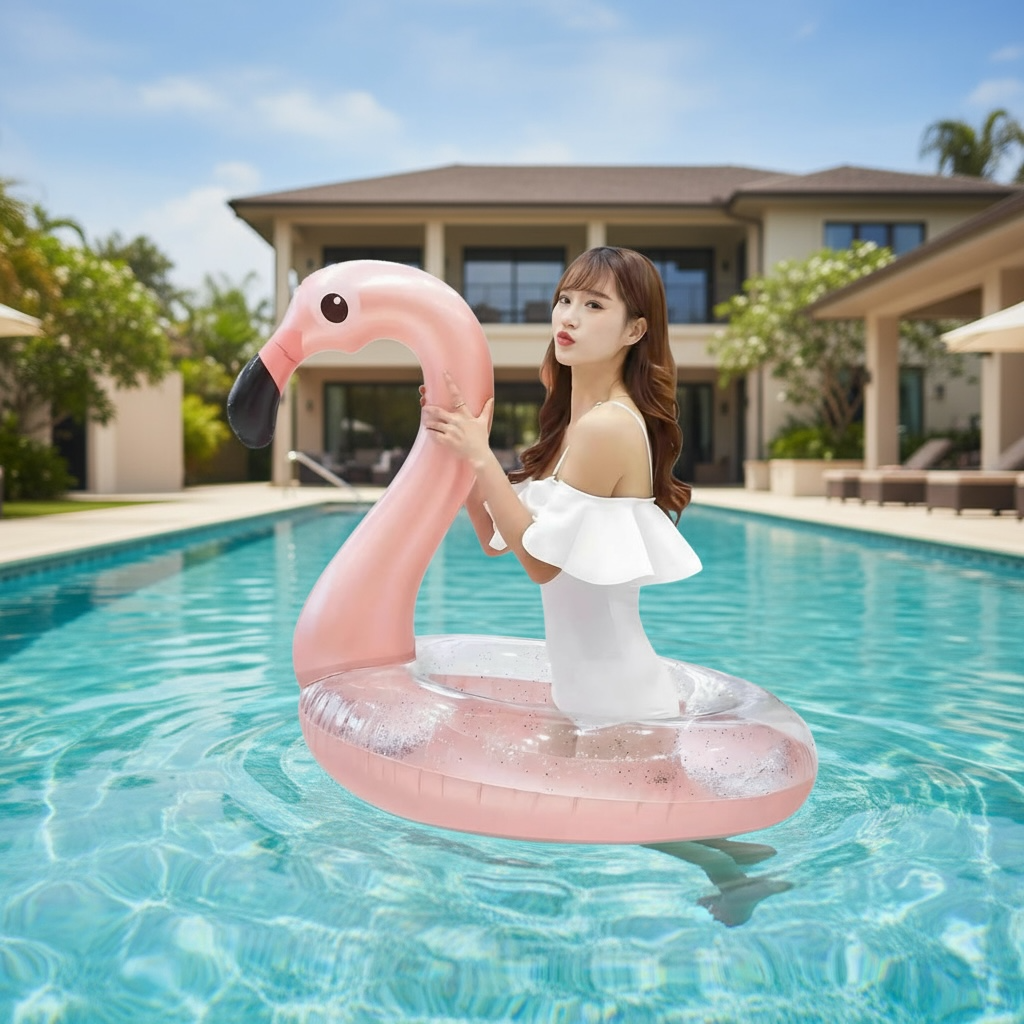 Flamingo Sequin Inflatable Ring Large Pink Pool Float For Adults And Kids Beach Party Fun by Wave & Hang