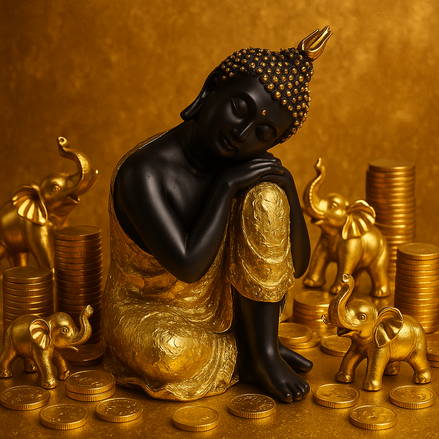 Black and gold Buddha statue surrounded by golden elephants and stacks of coins on a golden background.