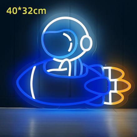 Blue and yellow neon light showing an astronaut flying in a spaceship