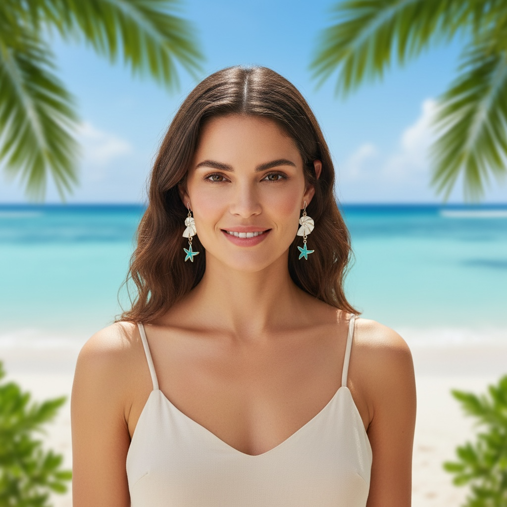 Blue Starfish & Seashell Dangle Earrings – Boho Ocean-Inspired Jewelry by Wave & Hang