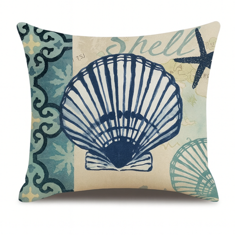 Cotton linen cushion cover with seashell print, 45x45cm ocean theme decorative pillow case for coastal living room decor.