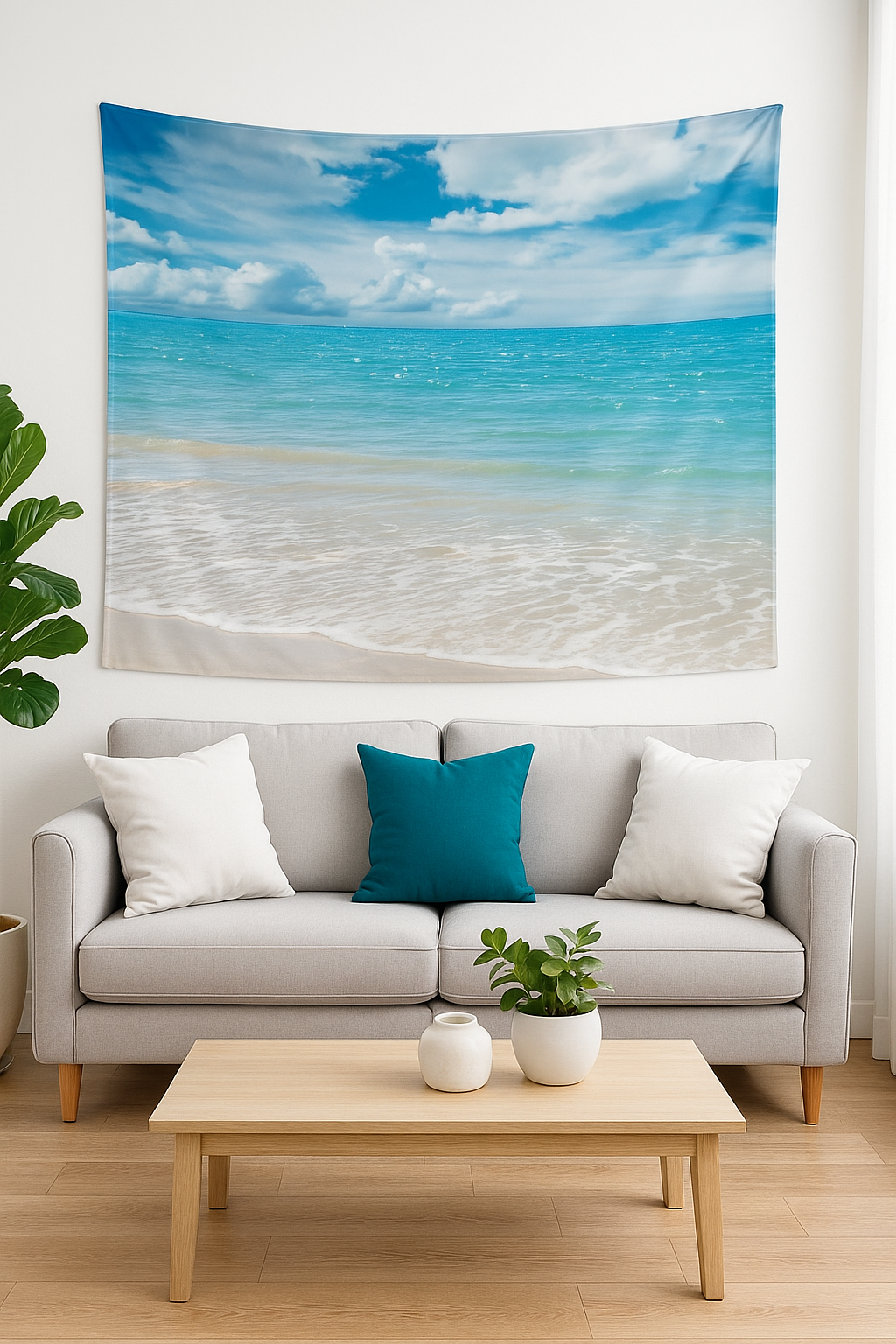 Hawaiian beach tapestry wall hanging with ocean and sky design displayed above a light gray sofa with teal and white pillows and a wooden coffee table in modern living room