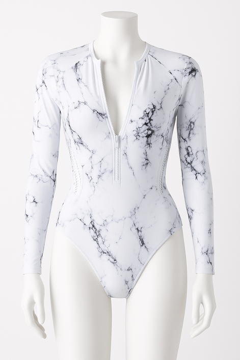 Surf Luxe – Long Sleeve Zipper Swimsuit | UV Protection One-Piece | Marble Black & Ocean White