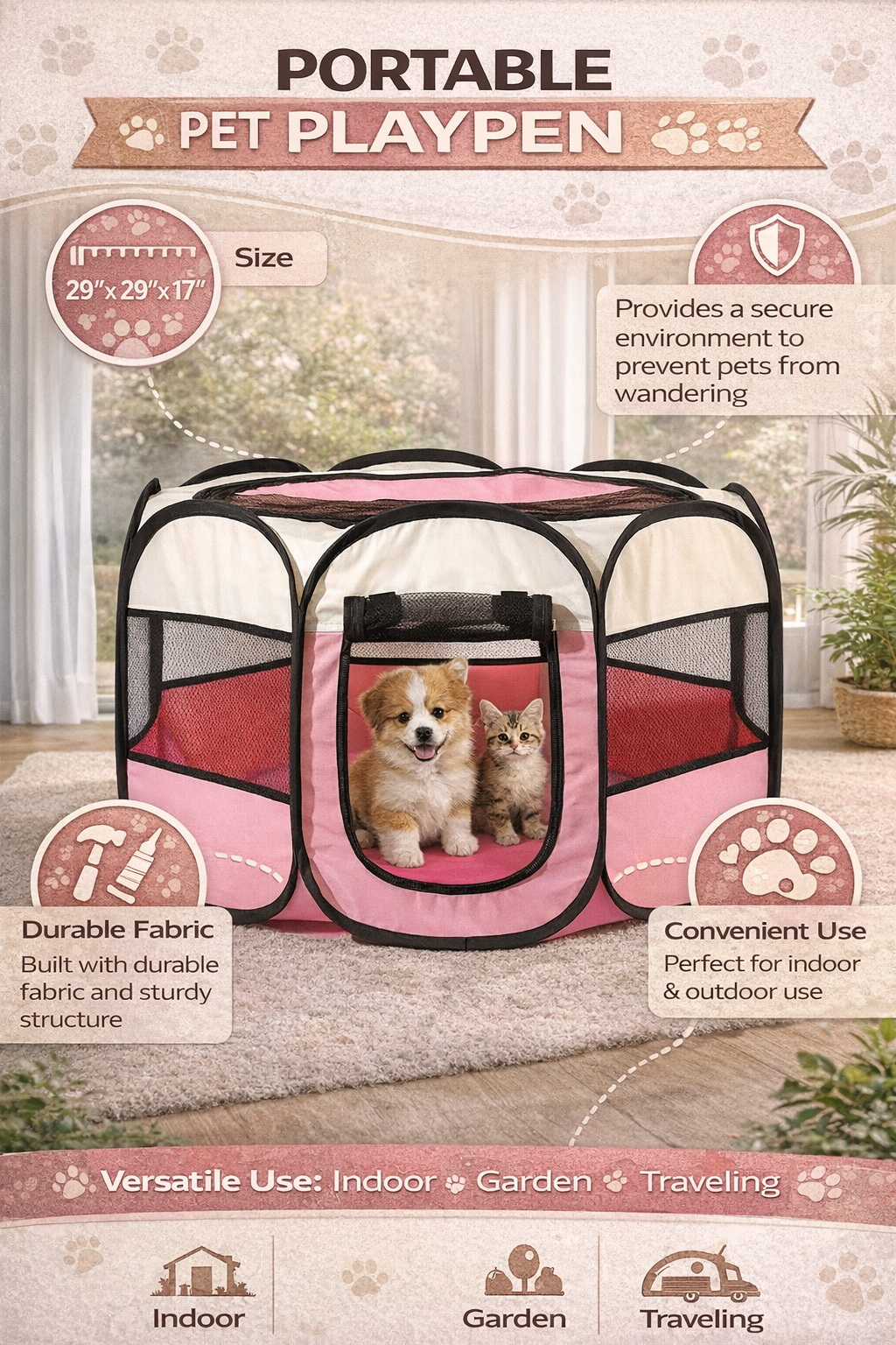 PetFusion Portable Pet Playpen – Foldable Indoor/Outdoor Safety Space