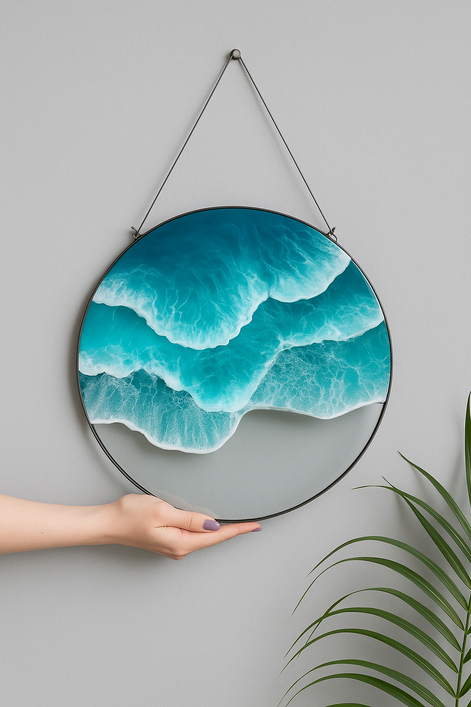 Round acrylic ocean wave wall art with turquoise water and white foam, hanging on a gray wall and held by a hand with purple nails.