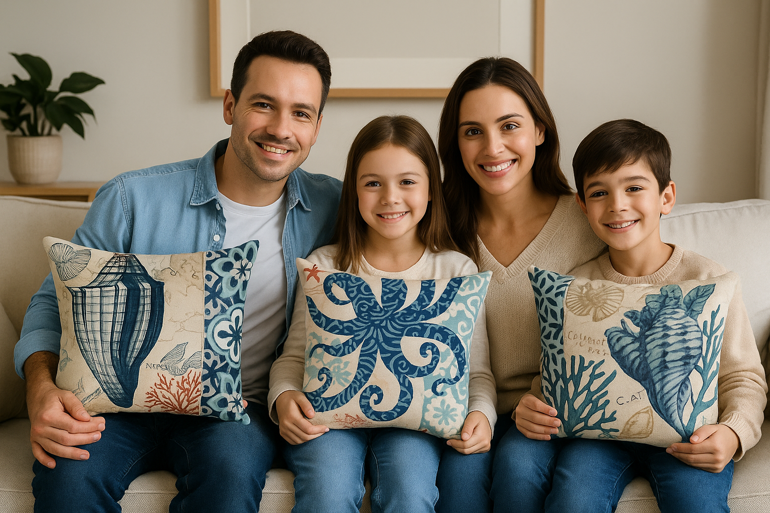 Happy family sitting on sofa holding ocean theme cotton linen cushion covers with seashell, octopus, and conch coastal designs, 45x45cm decorative pillow cases.
