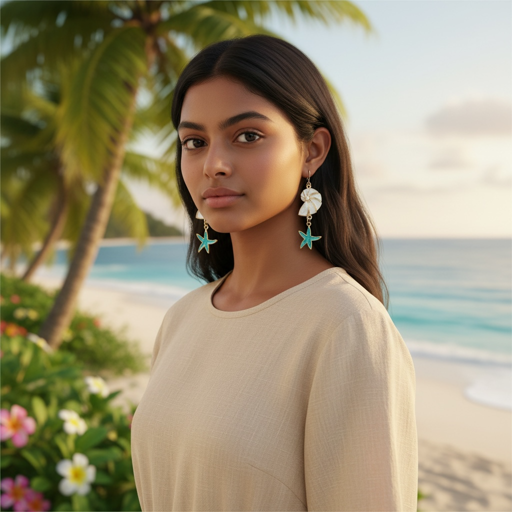 Blue Starfish & Seashell Dangle Earrings – Boho Ocean-Inspired Jewelry by Wave & Hang