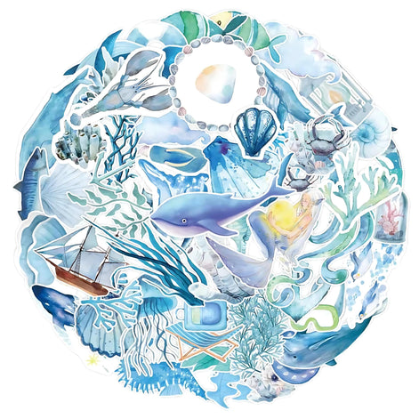 Yoksas Fifty Sticker Pack Ocean Blue Watercolor Marine Life Waterproof Vinyl Decals For Water Bottles And Laptops by Wave & Hang