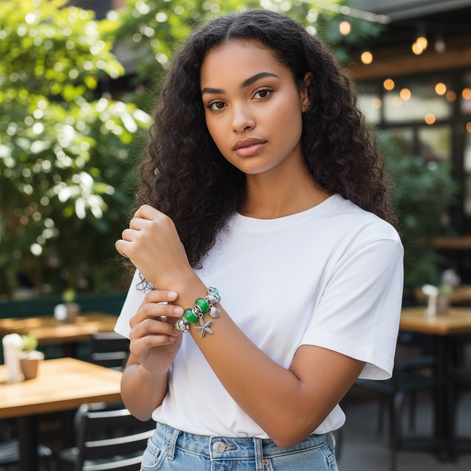 Ocean Series Green Glass Bead Bracelet – Dolphin, Shell & Starfish Charms by Wave & Hang