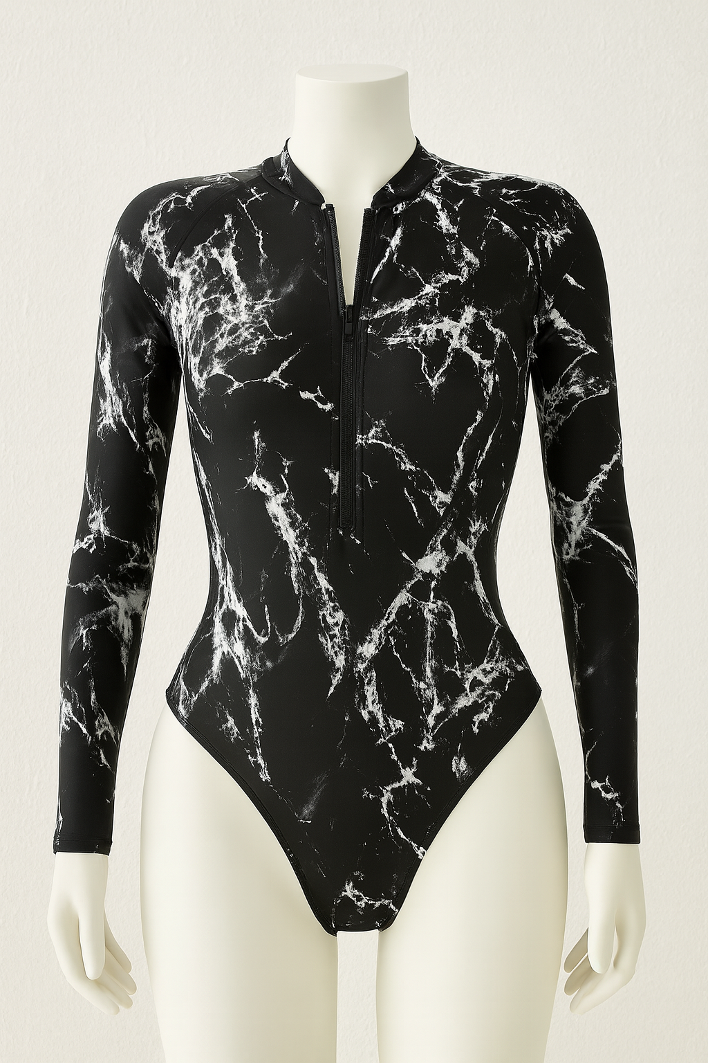 Surf Luxe – Long Sleeve Zipper Swimsuit | UV Protection One-Piece | Marble Black & Ocean White