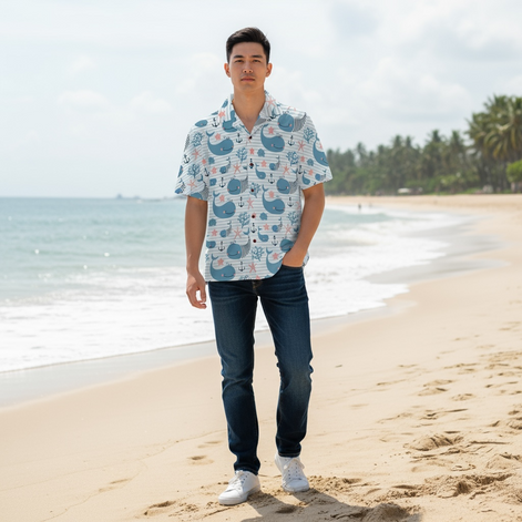Visesunny Hawaiian Whale Shirt | Quick-Dry Beach Style for Men by Wave & Hang