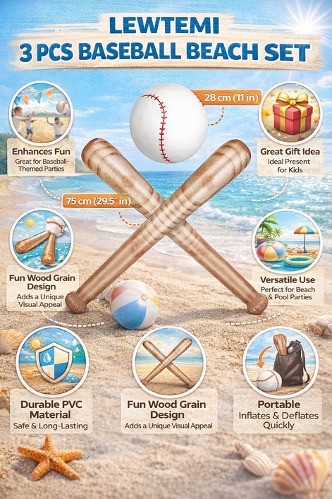 Lewtemi Baseball Beach Set - 3 Inflatable Pieces for Summer Fun
