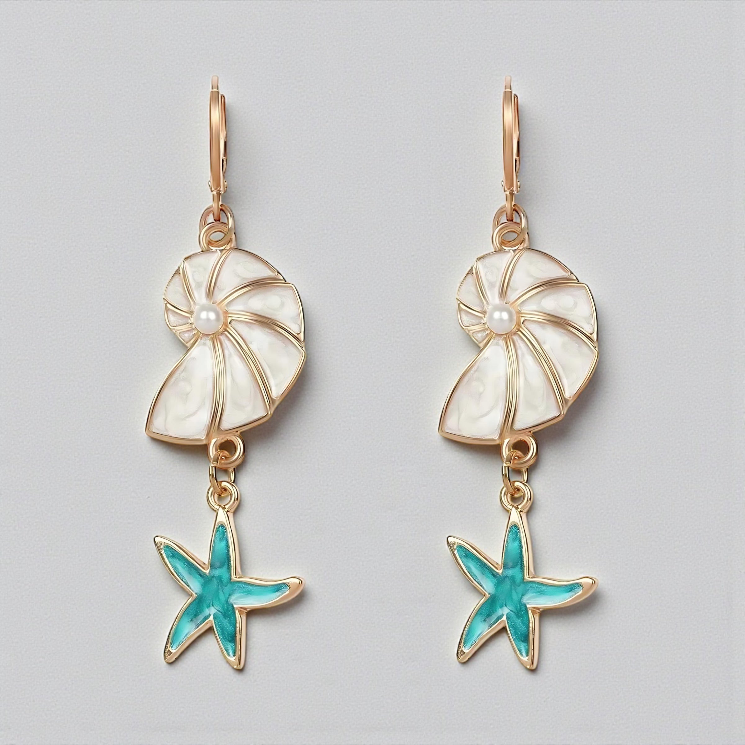 Blue Starfish & Seashell Dangle Earrings – Boho Ocean-Inspired Jewelry by Wave & Hang
