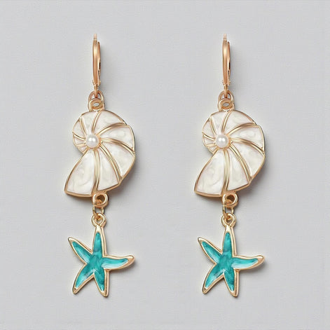 Blue Starfish & Seashell Dangle Earrings – Boho Ocean-Inspired Jewelry by Wave & Hang