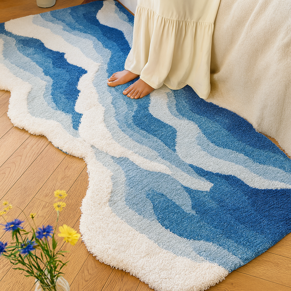 Blue Ocean Wave Bedside Blanket – Soft Coastal Style Rug/Throw
