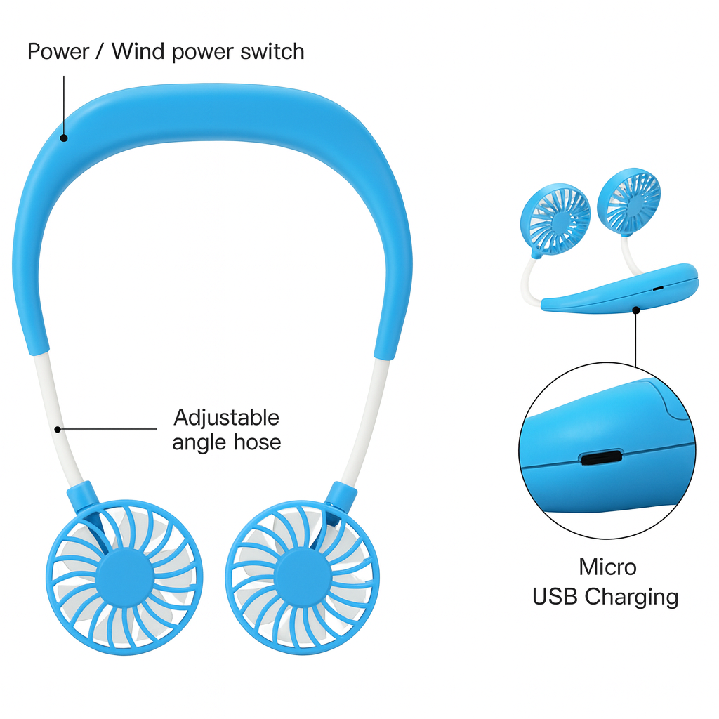Portable USB Neck Fan – Hands-Free Mini Cooling Fan for Students, Travel & Outdoor Use by Wave & Hang