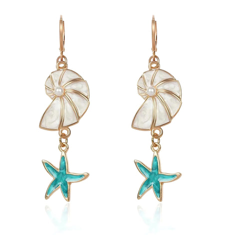 Blue Starfish & Seashell Dangle Earrings – Boho Ocean-Inspired Jewelry by Wave & Hang
