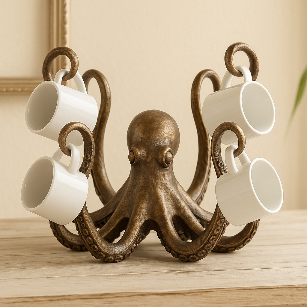 Bronze resin octopus mug holder with realistic tentacles, displaying four white coffee cups, unique nautical kitchen and dining table décor.