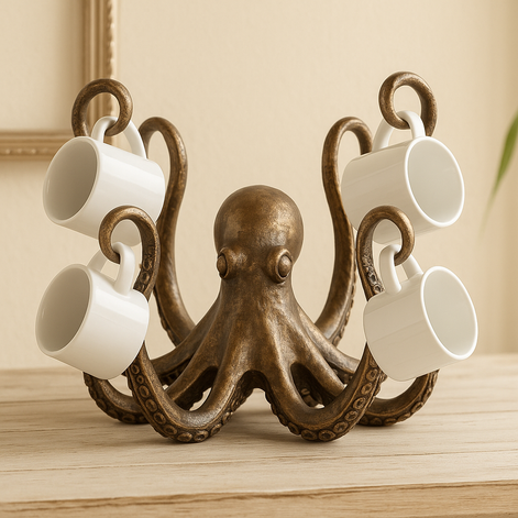 Bronze resin octopus mug holder with realistic tentacles, displaying four white coffee cups, unique nautical kitchen and dining table décor.