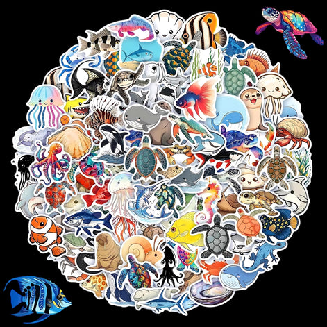 Ocean Stickers Pack 100 Waterproof Vinyl Sea Creatures For All Ages by Wave & Hang