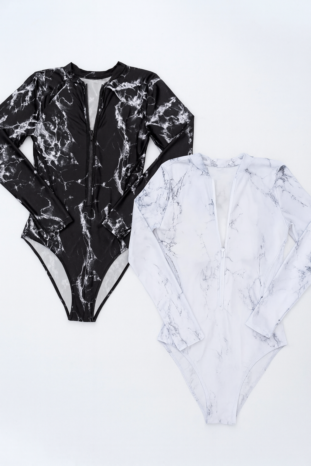 Surf Luxe – Long Sleeve Zipper Swimsuit | UV Protection One-Piece | Marble Black & Ocean White