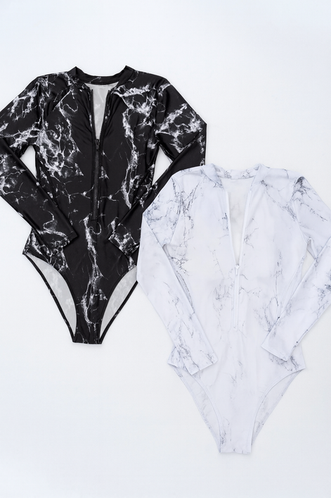 Surf Luxe – Long Sleeve Zipper Swimsuit | UV Protection One-Piece | Marble Black & Ocean White
