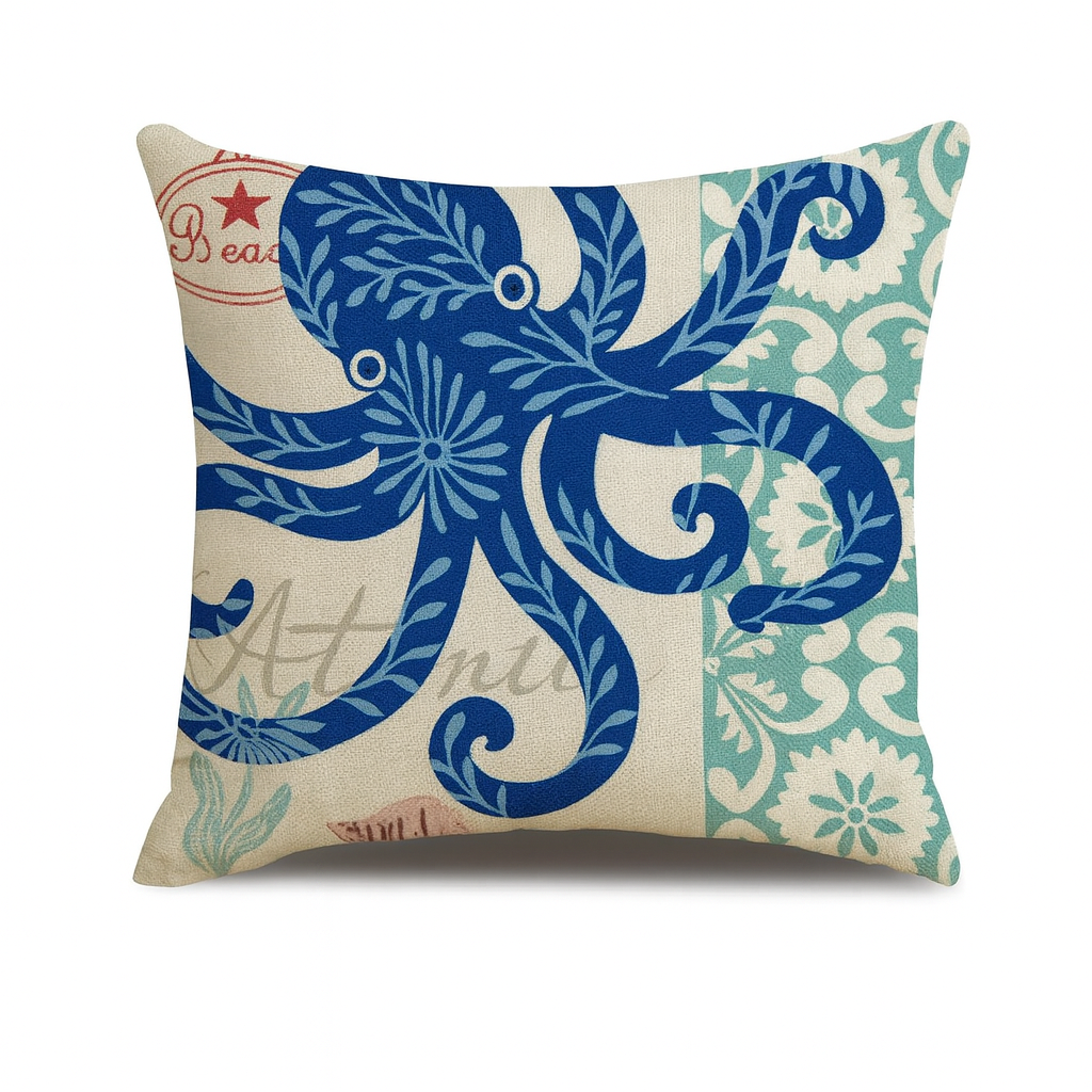Ocean theme cotton linen cushion cover with blue octopus design, coastal decorative pillow case, 45x45cm beach home decor.