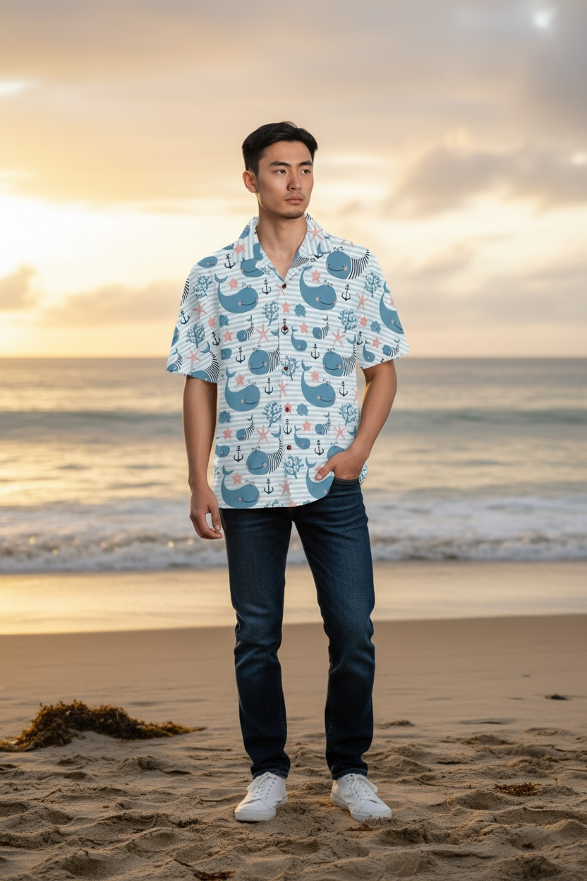 Visesunny Hawaiian Whale Shirt | Quick-Dry Beach Style for Men by Wave & Hang