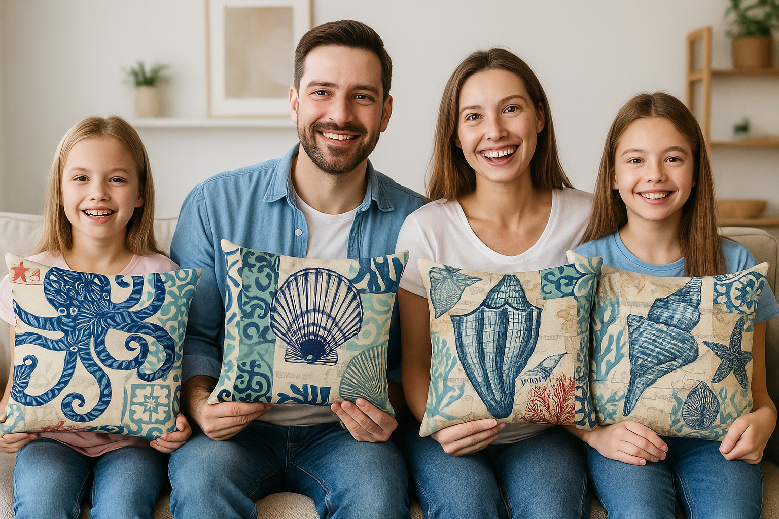 Smiling family of four sitting on sofa holding ocean theme cotton linen cushion covers with octopus, seashell, conch, and starfish coastal designs, 45x45cm decorative pillow cases.

