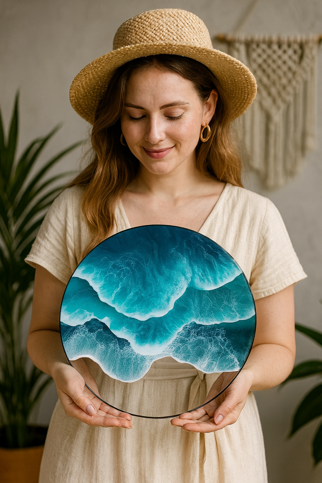 Woman in straw hat holding round ocean wave acrylic wall art with turquoise sea design – coastal boho home décor. 🌊