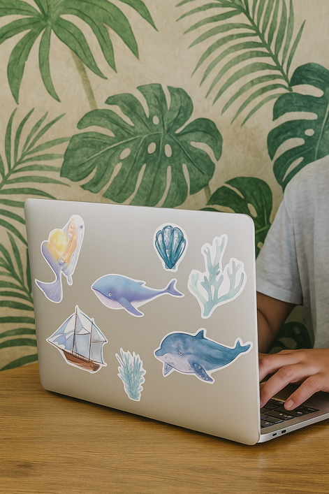Yoksas Fifty Sticker Pack Ocean Blue Watercolor Marine Life Waterproof Vinyl Decals For Water Bottles And Laptops by Wave & Hang