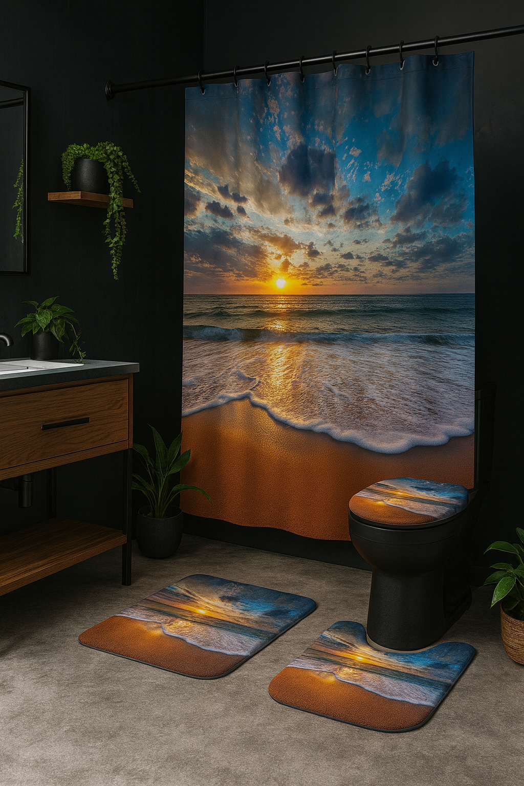 4-piece Sunset Beach Shower Curtain Set – ocean wave bathroom decor with waterproof curtain, non-slip rugs, and toilet lid cover in coastal sunset design.