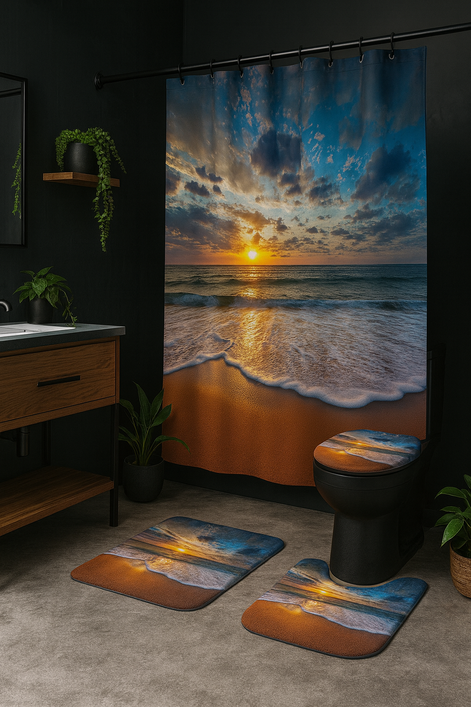 4-piece Sunset Beach Shower Curtain Set – ocean wave bathroom decor with waterproof curtain, non-slip rugs, and toilet lid cover in coastal sunset design.