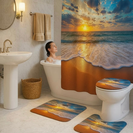 Sunset Beach Shower Curtain Set – 4-Piece Ocean Wave Bathroom Decor
