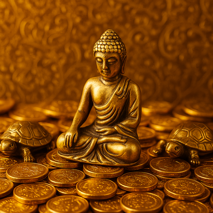 A small brass Buddha statue sits in peaceful meditation, surrounded by golden coins and two brass turtle figurines, symbolizing prosperity, wisdom, and longevity, against an ornate gold background.