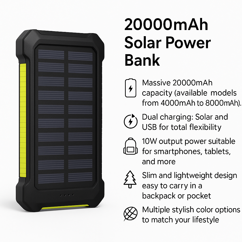 20000mAh Solar Power Bank – Slim, Portable Charger for Adventurers by Wave & Hang