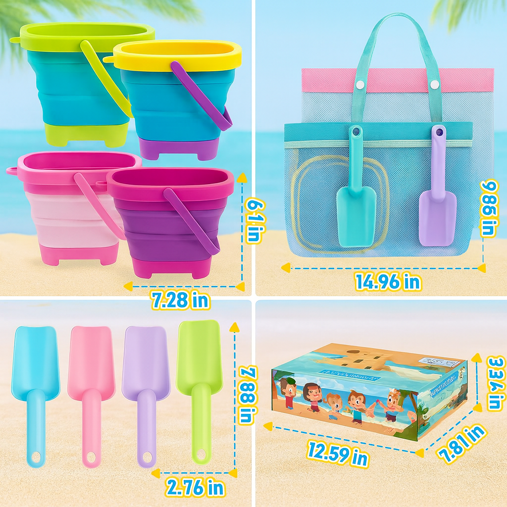 Foldable Beach Bucket & Shovel Set With Mesh Bag For Kids by Wave & Hang