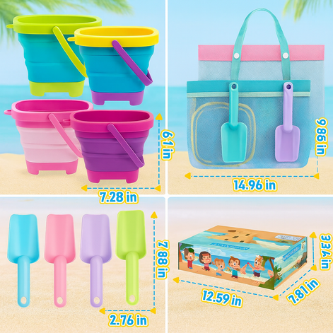 Foldable Beach Bucket & Shovel Set With Mesh Bag For Kids by Wave & Hang