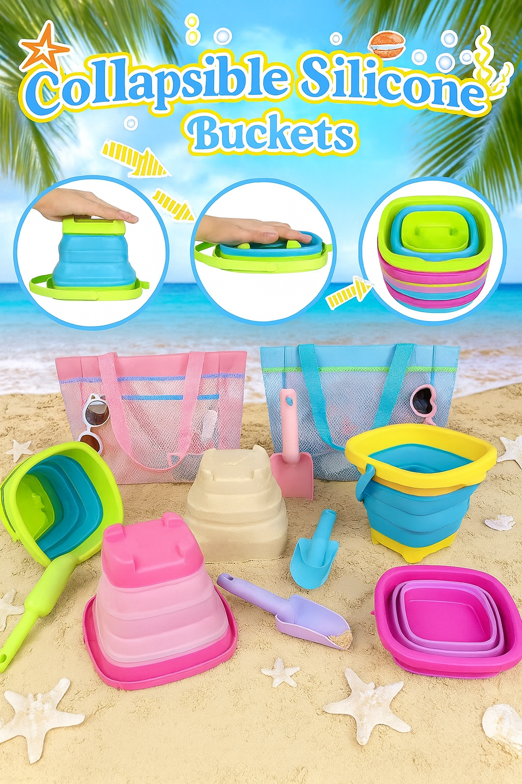 Foldable Beach Bucket & Shovel Set With Mesh Bag For Kids by Wave & Hang