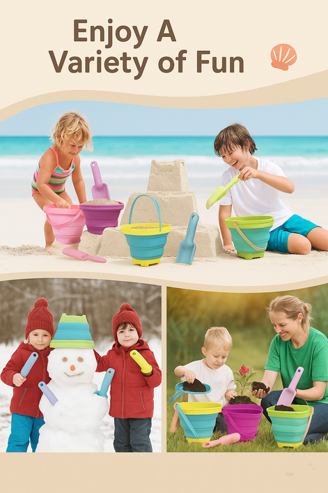Foldable Beach Bucket & Shovel Set With Mesh Bag For Kids by Wave & Hang