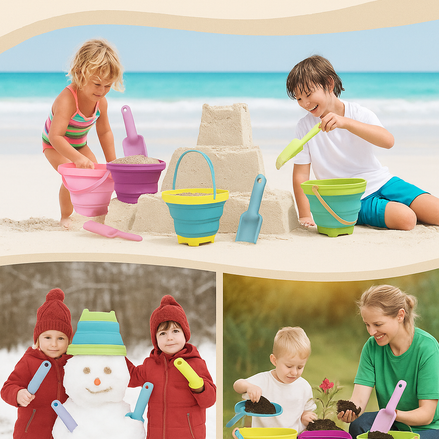 Foldable Beach Bucket & Shovel Set With Mesh Bag For Kids by Wave & Hang