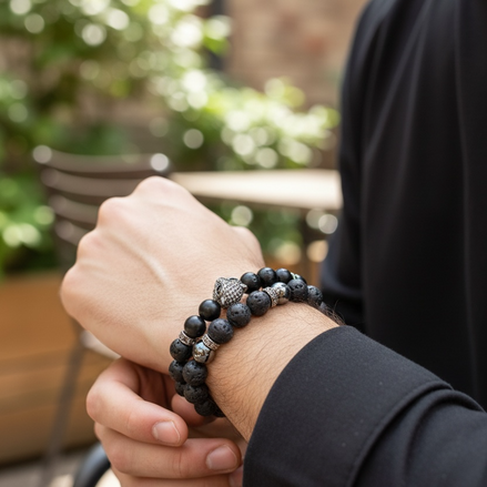 Black Obsidian Men's Bracelet with Leopard Head & Triple Protection