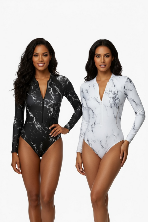 Surf Luxe – Long Sleeve Zipper Swimsuit | UV Protection One-Piece | Marble Black & Ocean White