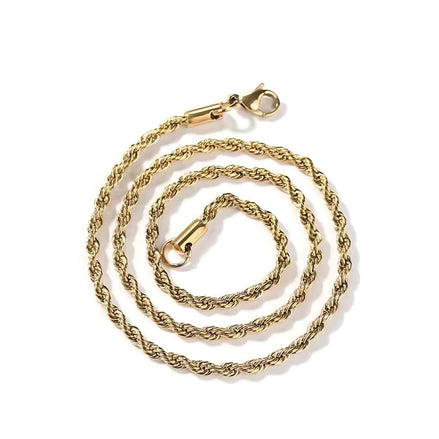 3MM Stainless Steel Rope Chain Necklace – Durable Twisted Rope Chain for Men & Women, Gold & Silver Plated Cuban-Style Jewelry, Everyday Fashion Accessory for Layering or Solo Wear