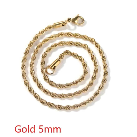 3MM Stainless Steel Rope Chain Necklace – Durable Twisted Rope Chain for Men & Women, Gold & Silver Plated Cuban-Style Jewelry, Everyday Fashion Accessory for Layering or Solo Wear