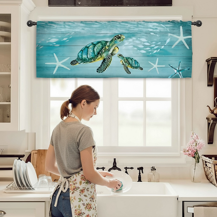 Miyotaa Turtle Ocean Sea Curtain Valance – Coastal Starfish Teal Window Treatment for Kitchen, Living Room, Bedroom, or Bathroom