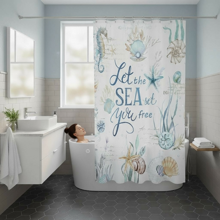 LIGHTINHOME Nautical Coastal Shower Curtain | Ocean Quote Waterproof Fabric Bathroom Décor with Hooks