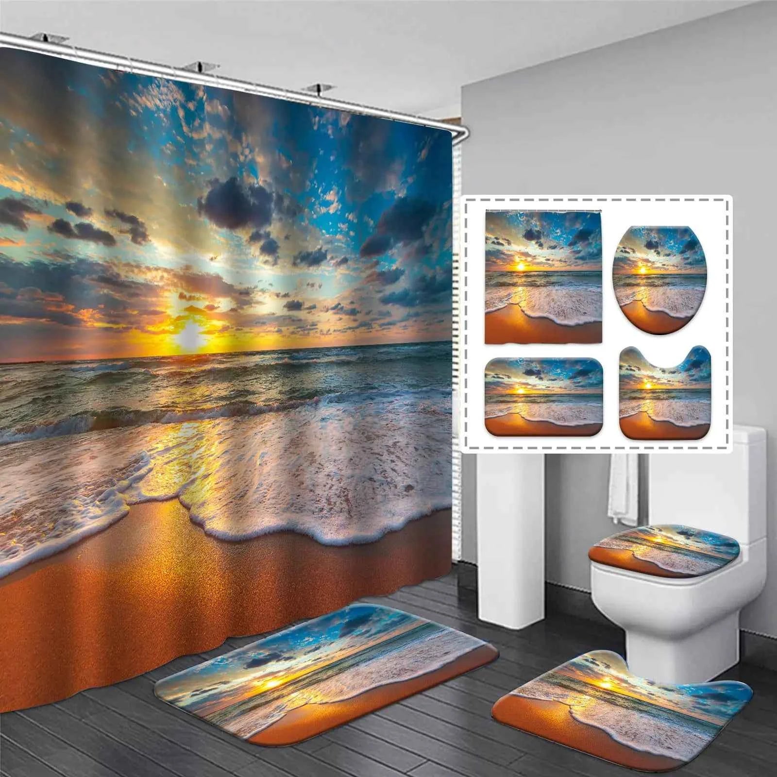 Sunset Beach Shower Curtain Set – 4-Piece Ocean Wave Bathroom Decor